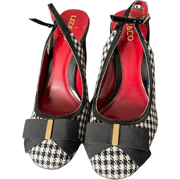 Liz & Co B&W Houndstooth with Ribbon Sling Back Heels Sz 7M - Picture 2 of 10